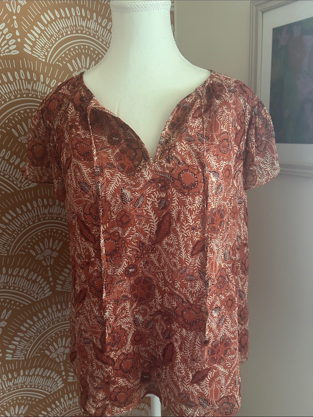Joie Burnt Orange Floral Short-Sleeve Peasant Blouse